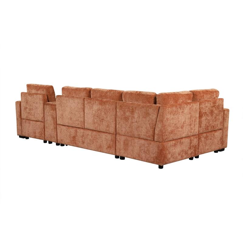 120.5" Chenille L-Shaped Convertible Sofa Bed with Pull-Out Bed, Storage Ottoman & Cup Holders