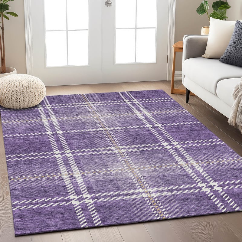 Machine Washable Indoor/ Outdoor Chantille Plaid Cozy Rug