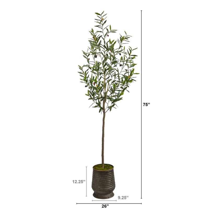 Artificial Olive Tree 75In. Indoor Outdoor Faux Tree in Planter Home Decor - Green - 31-40 Inches
