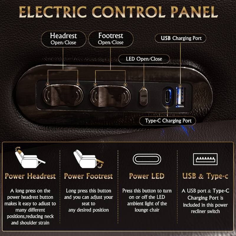 Roomfitters 62" Power Recliner 2-Piece Set, Top-Grain Nappa Leather, 30-Color RGB LED & USB-C Charging, Coffee