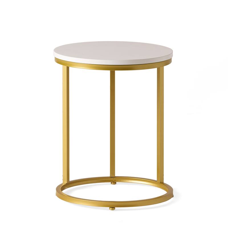 Roomfitters Round End Table with Metal Frame, Modern Accent Side Table for Living Room or Bedroom, Gold + White