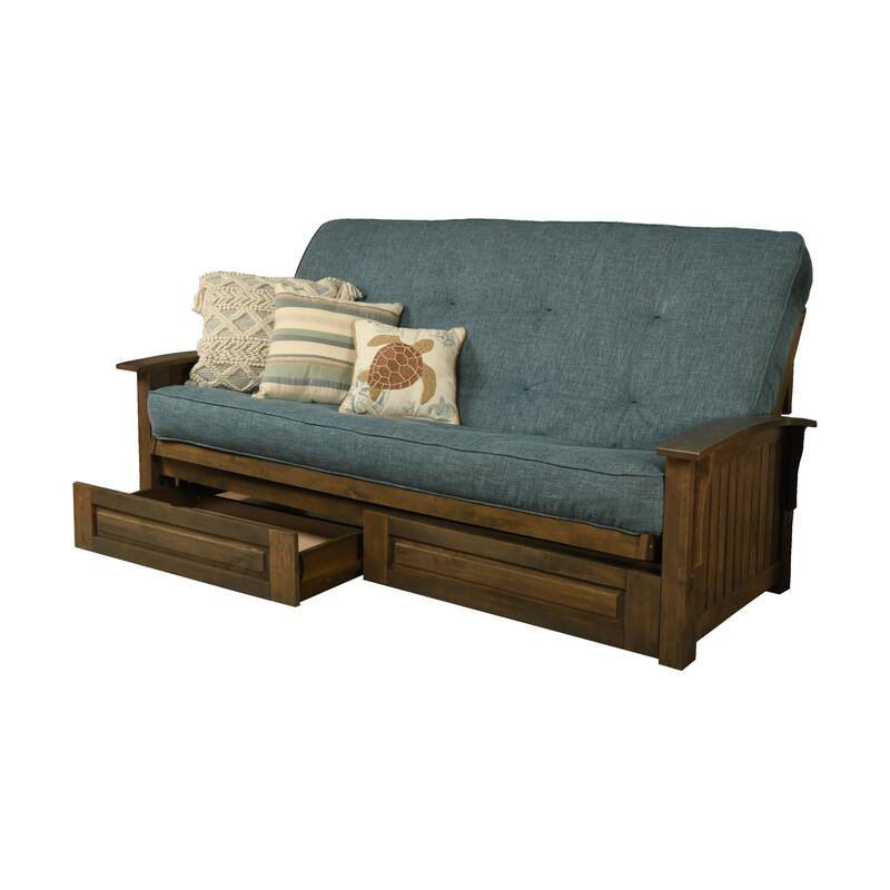 Somette Washington Queen-size Storage Futon Set in Rustic Walnut with Linen Mattress - Linen Aqua