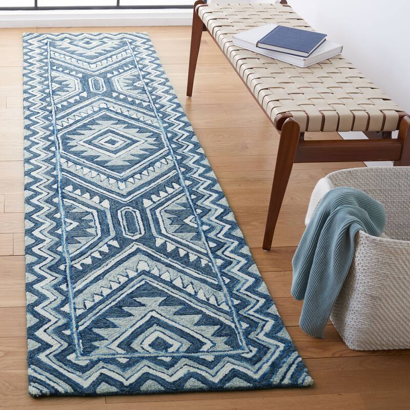 SAFAVIEH Handmade Metro Selima French Country Wool Rug - 2'3" x 9' Runner - Blue/Ivory