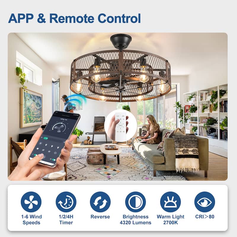 20-26" Caged outdoor Ceiling Fan with Light: Remote App Control-Farmhouse Fandelier Flush Mount Fixture Reversible 6 Speed Timer