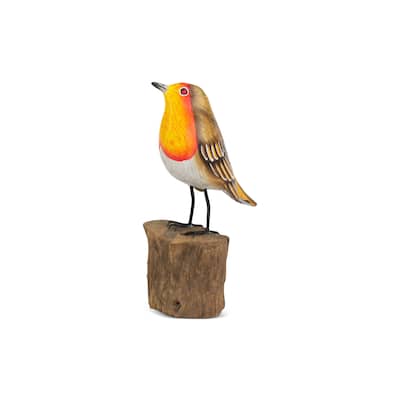 Wood European Robin Figurine - Hand Carved Songbird Sculpture, Rustic Bird Decor on Driftwood Base