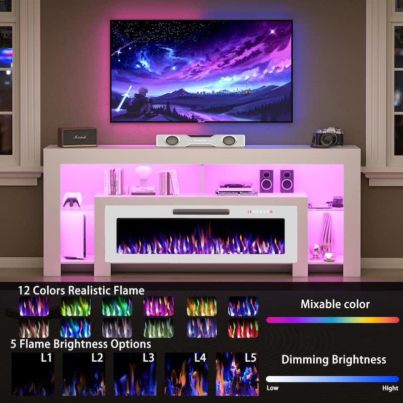 BOSSIN 82" Electric Fireplace TV Stand Entertainment Center, High Gloss with LED Lights, Holds TVs Up to 90 Inches, White