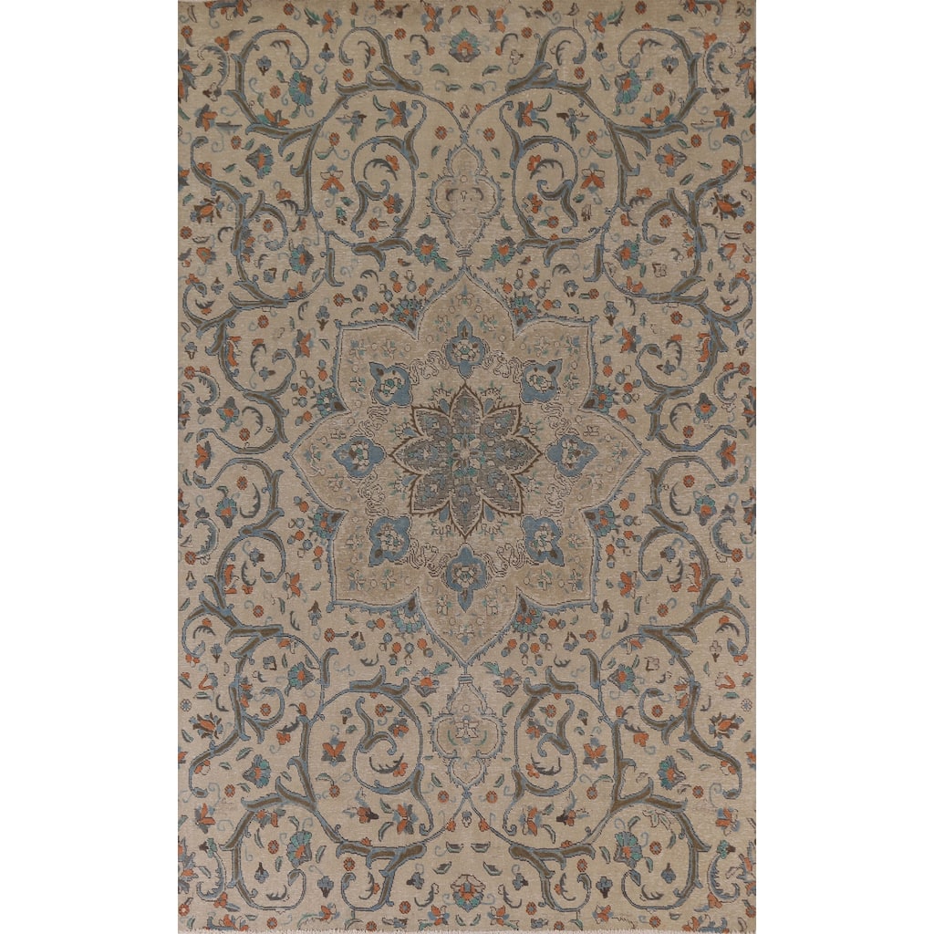 Hand Knotted Oriental 100% Wool Carpet Traditional Floral Beige & Ivories Tabriz Area Rug - 10' 1'' X 6' 10''