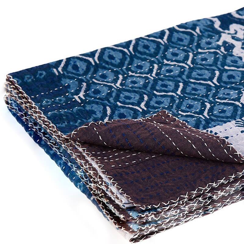 HomeRoots 50" X 70" Black And Blue Ikat Cotton Quilted Kantha Throw Blanket with Embroidery