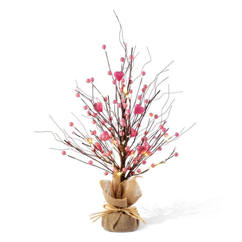 Glitzhome LED Lighted Valentine's Pink Berry Heart Table Tree - Berry