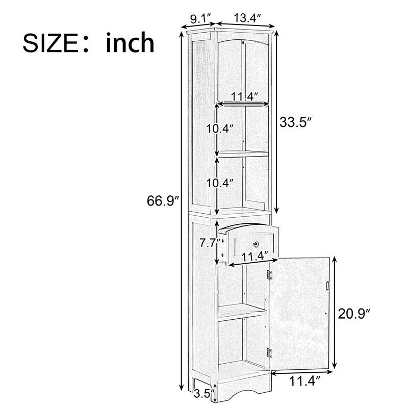 67" Tall Bathroom Organizers and Cabinet, Freestanding Storage Cabinet with Drawer, Door and Adjustable Shelves