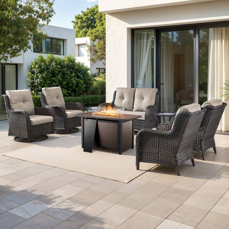 Gymojoy 8-Piece Outdoor Wicker Patio Furniture Set with Swivel Glider Rocker & 55,000 BTU CSA Propane Fire Pit