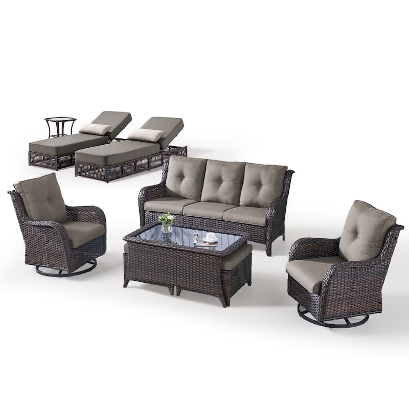 Gymojoy Luxury Outdoor Wicker Patio Furniture with 3 Seat Sofa, Chaise Lounge Chair，Swivel Chair, Rattan Coversation Set