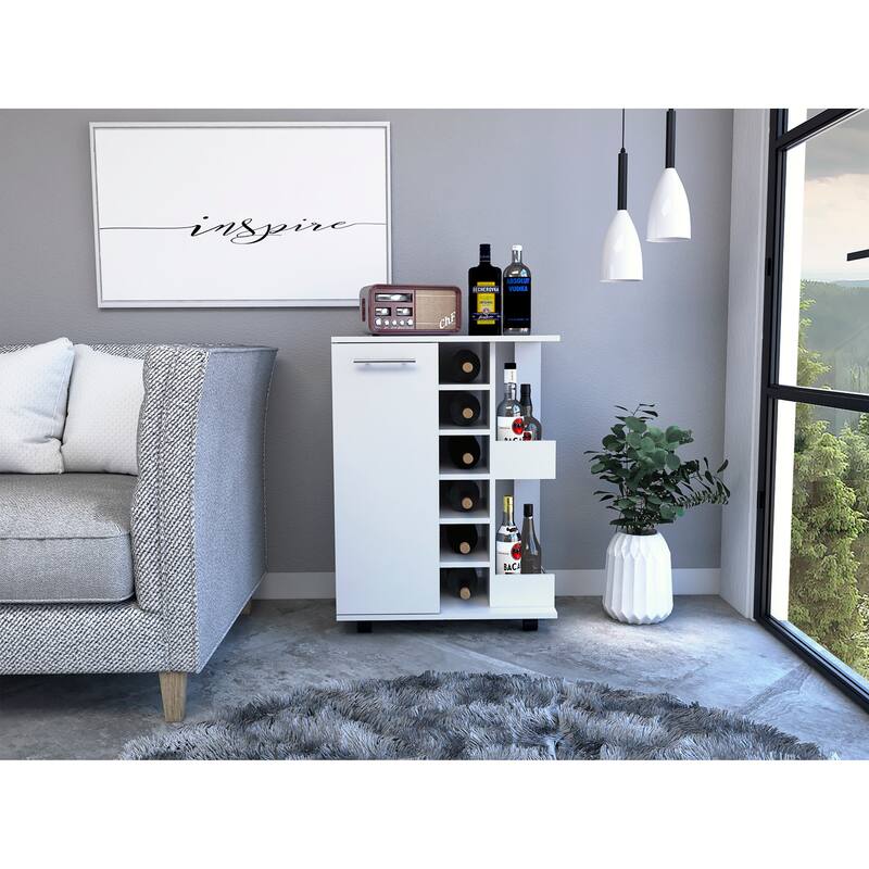 Bar Cart, Four Casters, Six Wine Cubbies, Single Door Cabinet