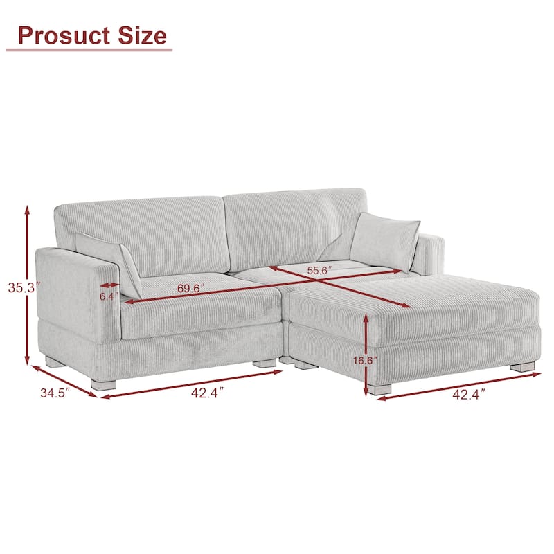 84'' L-Shaped Corduroy Comfy Couch Modular Sectional Sofa With Ottoman