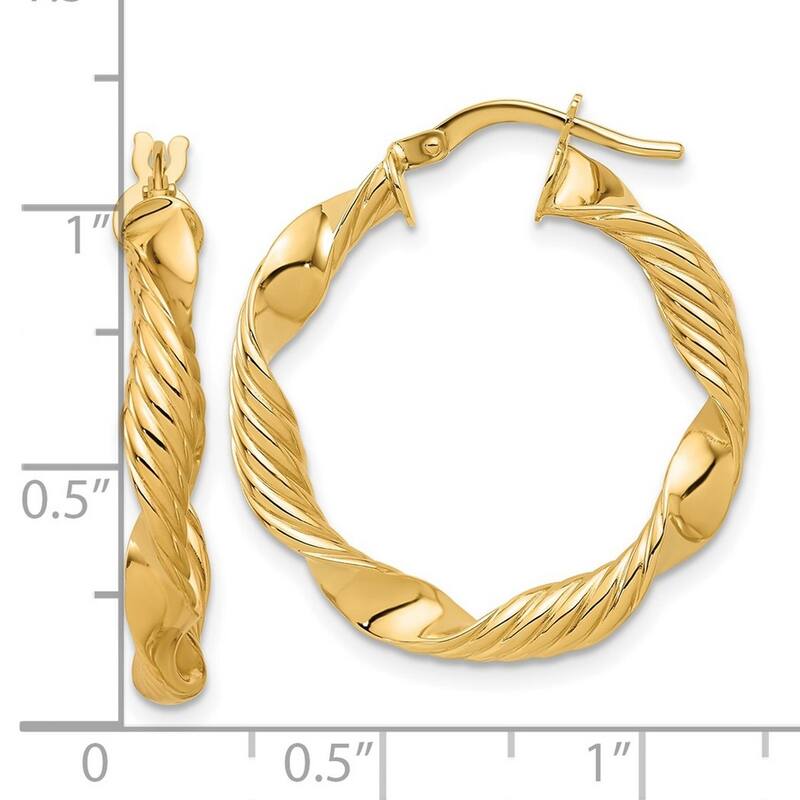 Curata 14k Yellow Gold Polished and Textured Round Hoop Earrings - 26.2x26.17mm