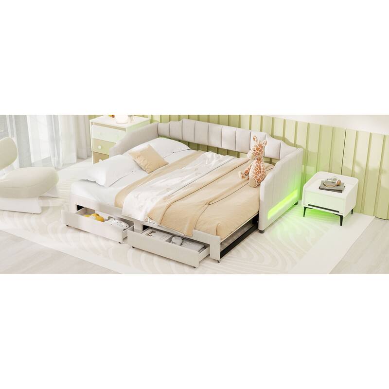 Roomfitters Twin XL Upholstered Daybed with LED Lights and 2 Storage Drawers, Extendable Pull-Out Sofa Bed Frame