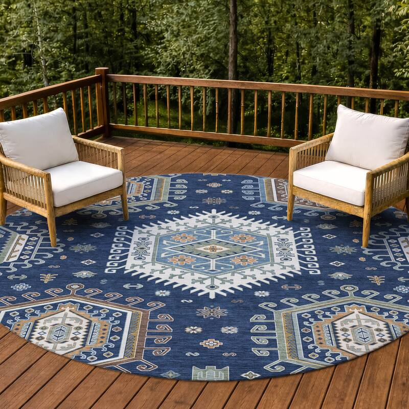 Machine Washable Indoor/ Outdoor Global Akron Chantille Rug - Navy - 8' x 8'