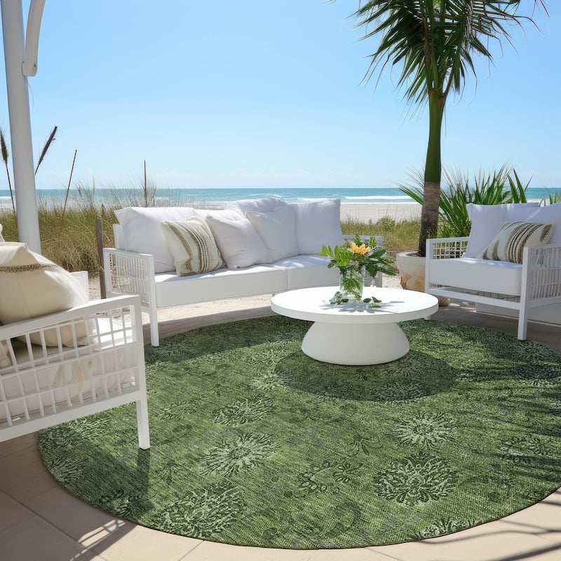 Machine Washable Indoor/ Outdoor Chantille Floral Burst Rug - Olive - 8' x 8'