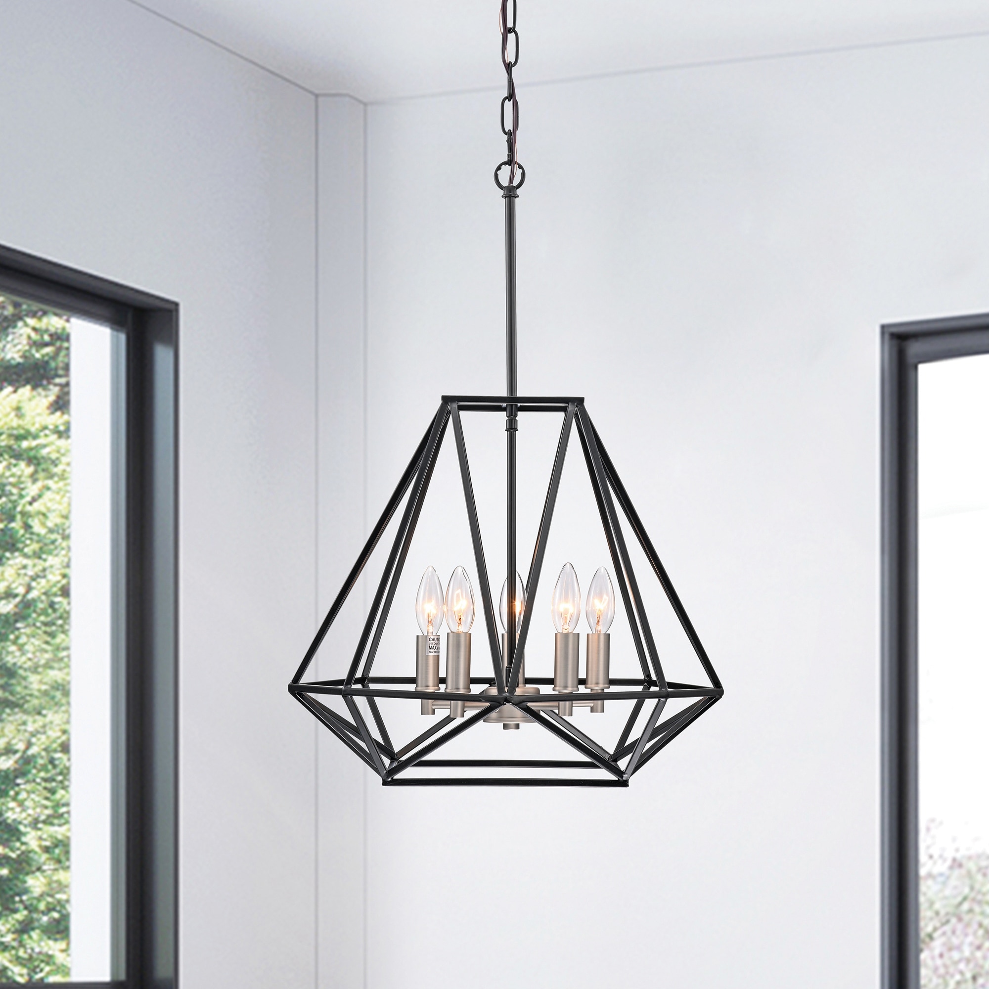 Matte Black and Brushed Nickel 5-Light Geometric Cage Lantern Chandelier