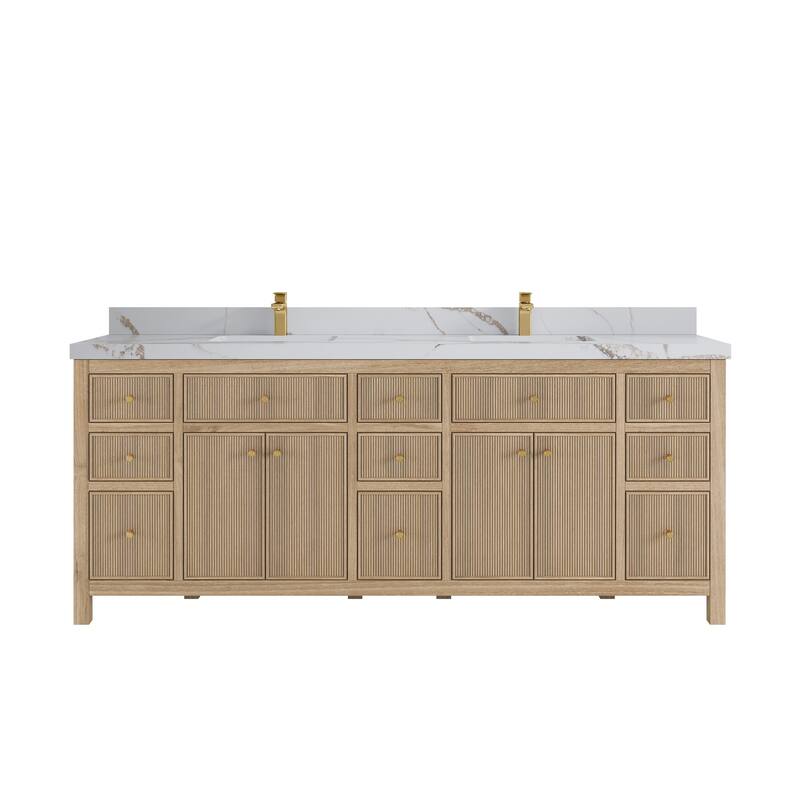 Willow Collections 84 in. W x 22 in. D Sonoma Teak Double Sink Bathroom Vanity with Countertop - 2” Calacatta Gold - Distressed Light Graywashed 