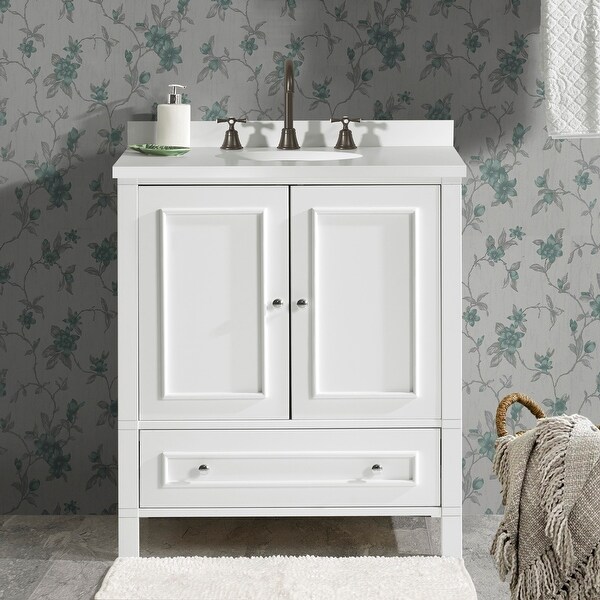 Wooden 30"W Vanity Cabinet. Opens flyout.