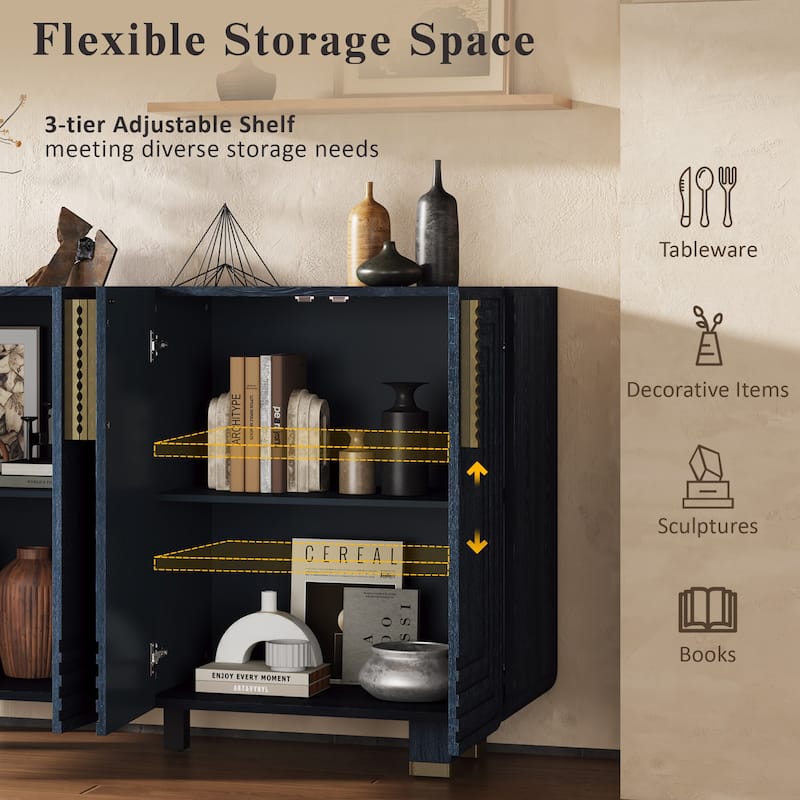 4 Doors Fluted Sideboard Buffet Cabinet, Large Wood Storage Cabinet, Accent Cabinet with Adjustable Shelves & Support Legs
