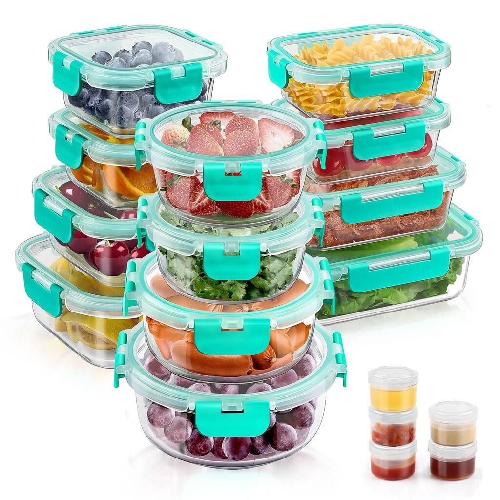 34pcs Glass Food Storage Containers with Lids Set, Airtight Glass Meal Prep Containers (17 Containers & 17 Lids)