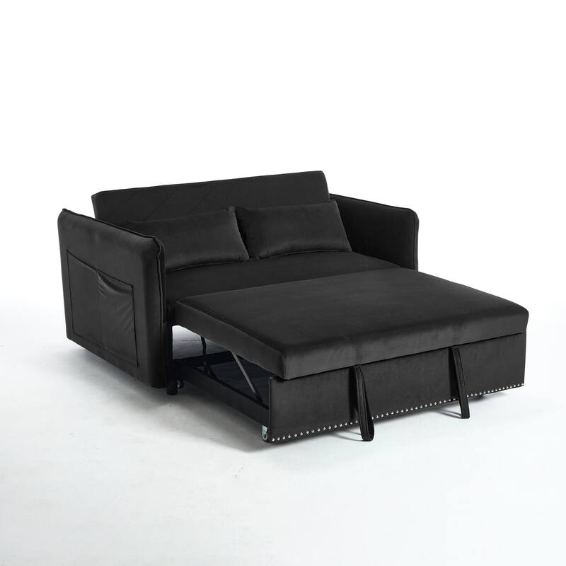 55" Velvet Convertible 3-in-1 Sleeper Sofa Bed with Reclining Backrest, Side Pockets, and 2 Pillows