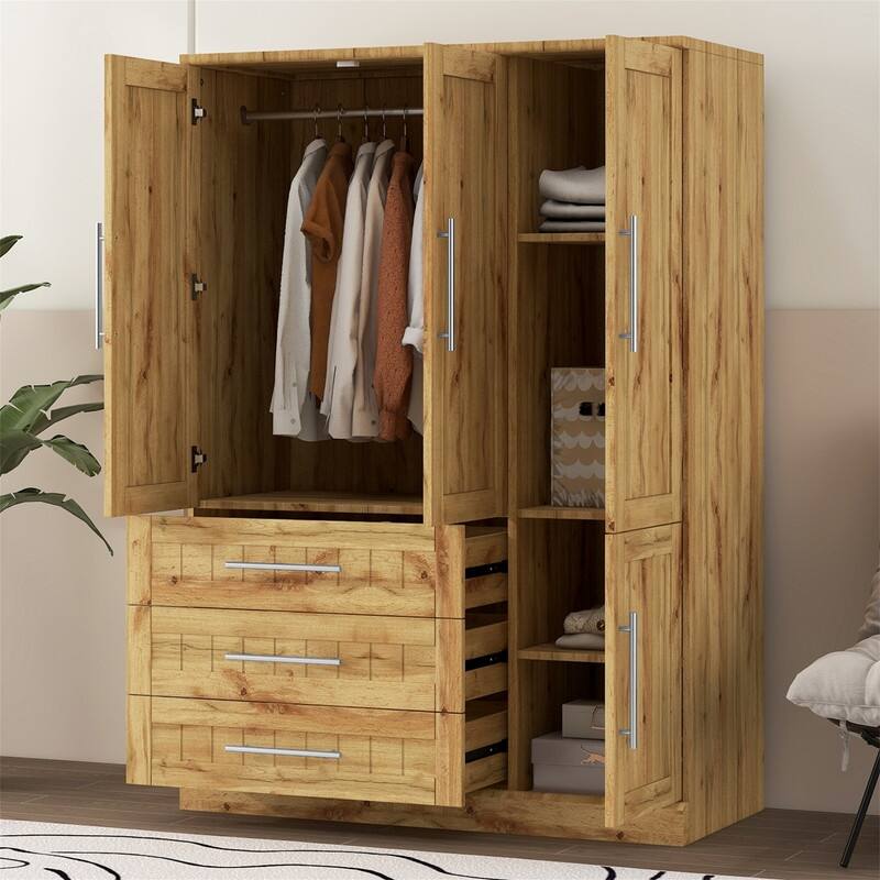 4 Door Wardrobe Bedroom Closet with 3 Storage Drawers, Solid Wood Armoire Clothes Organizer with Hanging Rods & Storage Shelves - Natural