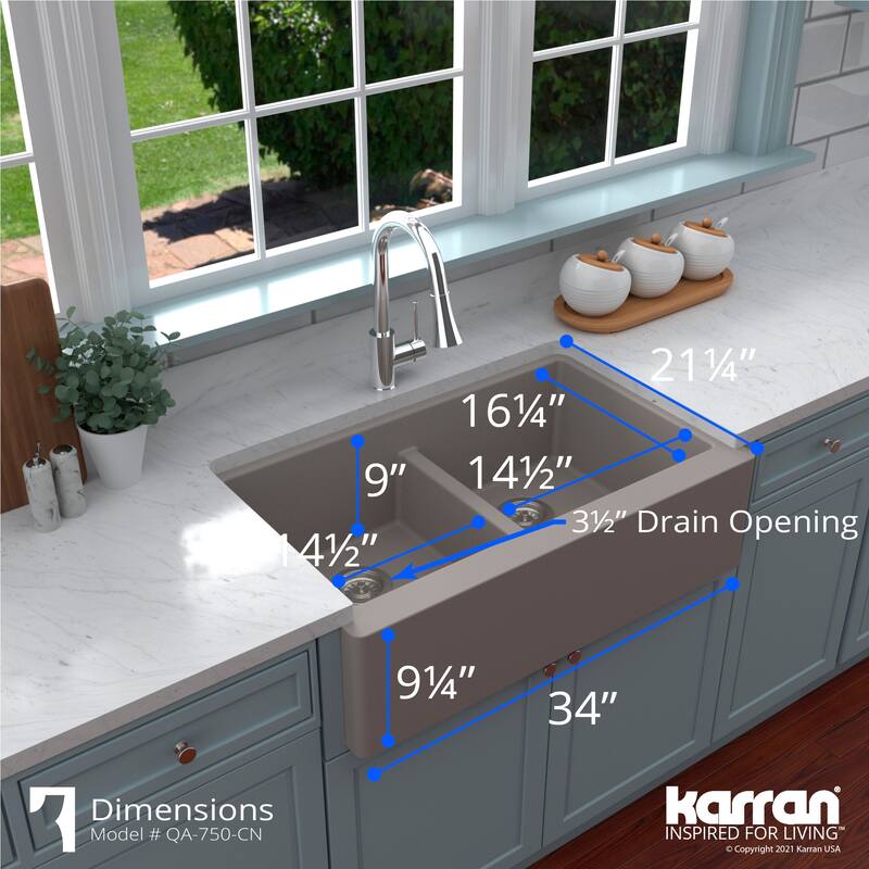 Karran Farmhouse Apron Front Quartz Double Bowl Kitchen Sink Kit