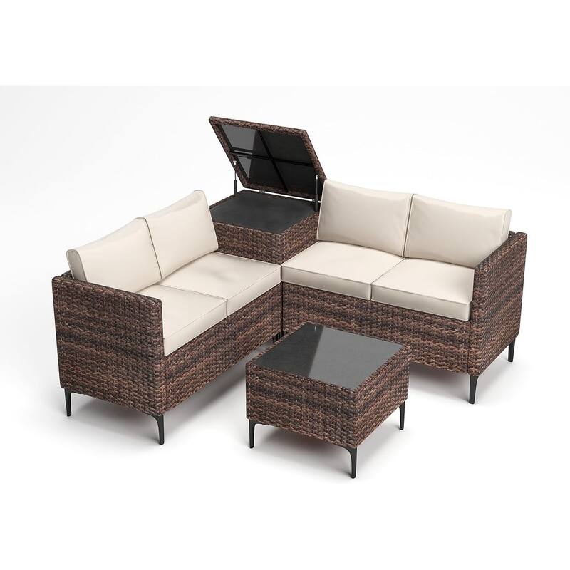 4-Piece Patio Sectional Sofa Set with Coffee Table and Storage Box