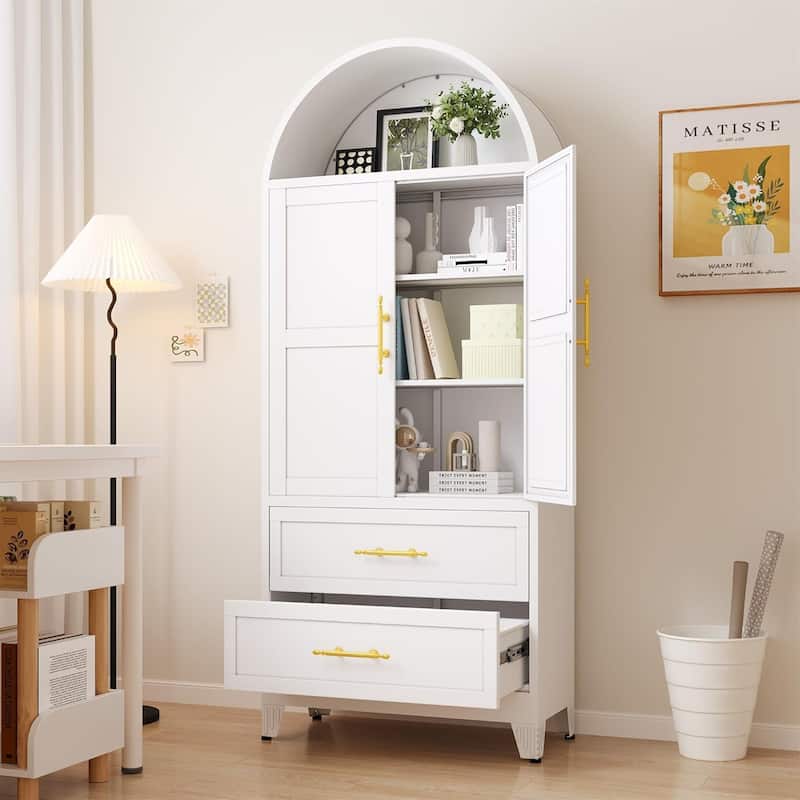 73"H Metal Tall Arched Kitchen Pantry Storage Cabinet with 2 Door and Drawer - White