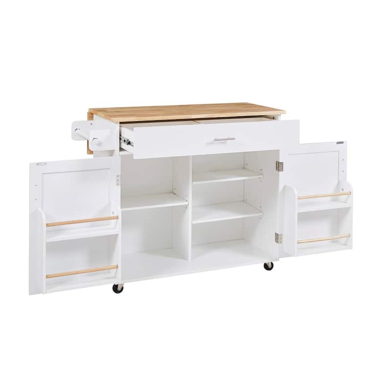 Rubberwood Kitchen Cart with Drop Leaf, Internal Storage Rack, Towel Rack and Spacious Divided Drawer