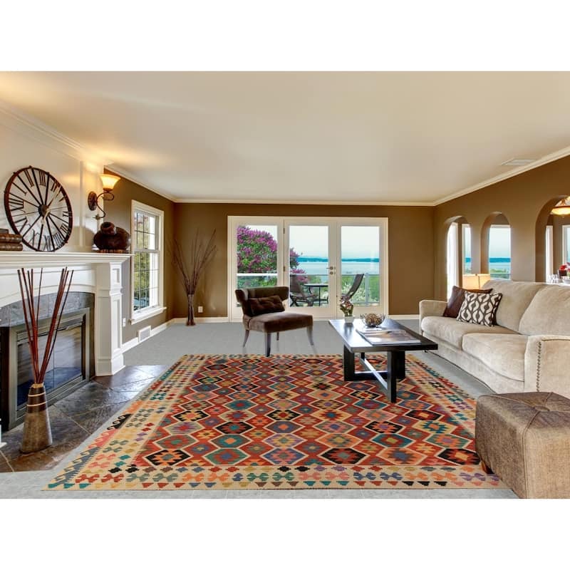 Geometric Kilim Area Rug Hand-Woven Orange Tribal Wool Carpet - 8'10"x 12'0"