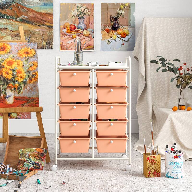 Gymax 10-Drawer Storage Cart Utility Rolling Trolley Kitchen Organizer