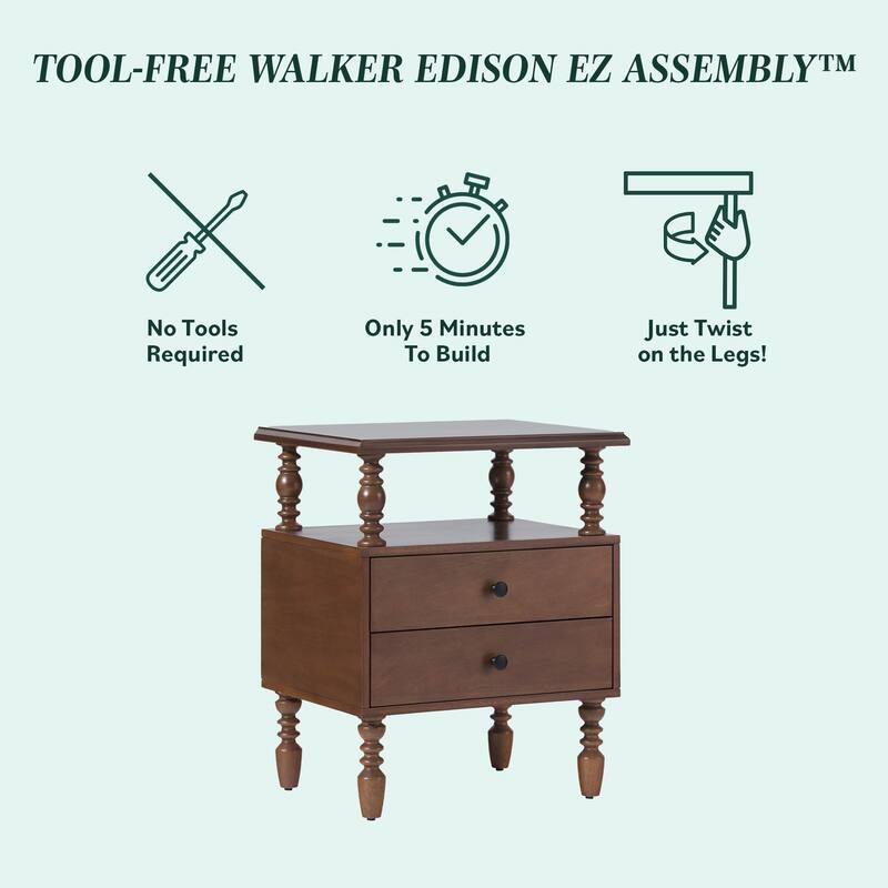 Walker Edison Spindle Queen Bed with 2-Drawer Nightstand Bedroom Set