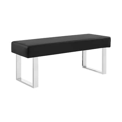 48 Inch Bench with Leatherette Padded Seat and Metal Frame, Black