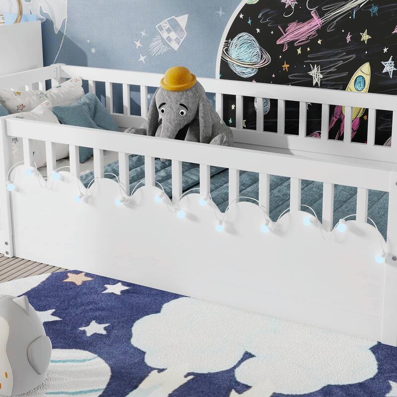 Floor Bed Frame with High Rails, Wooden Kids Floor Bed with Light and Storage Shelf