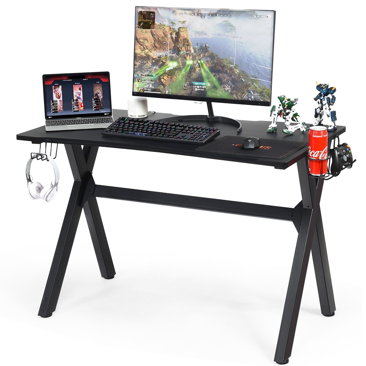 Computer Gaming Desk with Large Carbon Fiber Surface Cup Holder & Headphone Hook