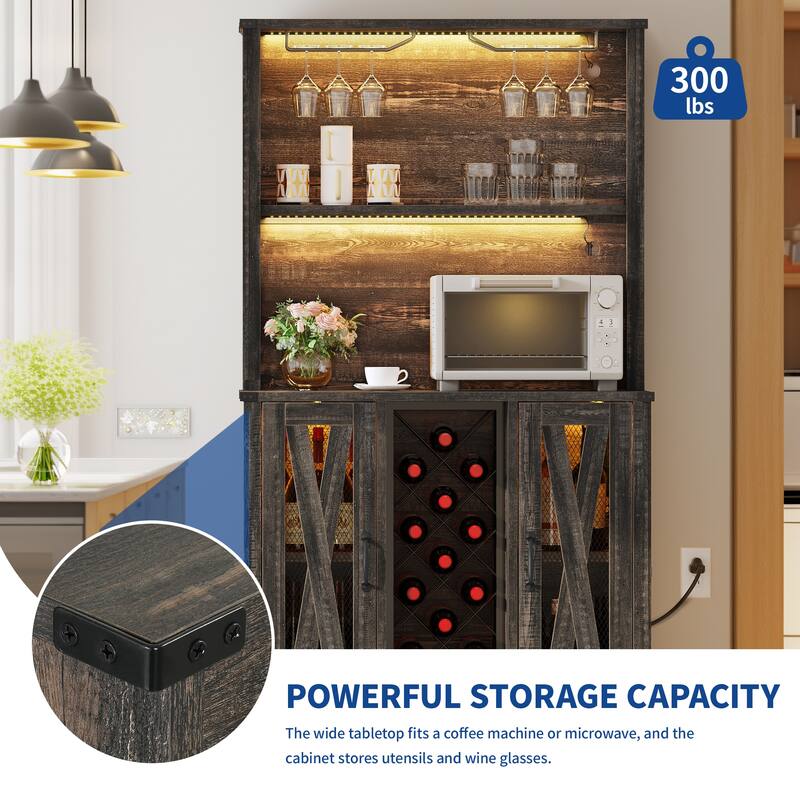 Moasis Farmhouse Bar Cabinet w/ Wine Rack & LED Lights, Sideboard Buffet Storage Cabinet for Dinning Room