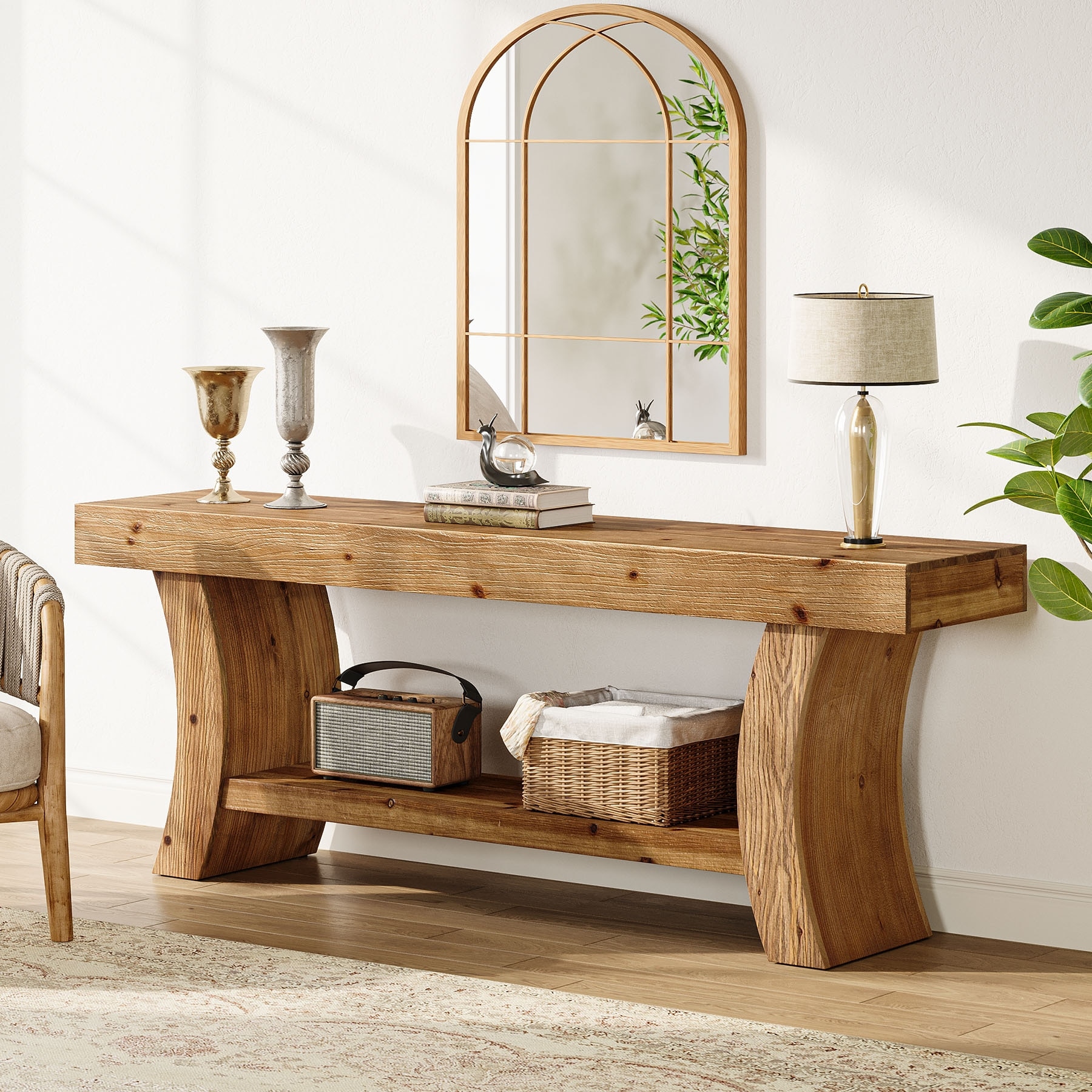 2-Tier Low Solid Wood Console Table for Living Room Entryway Hallway