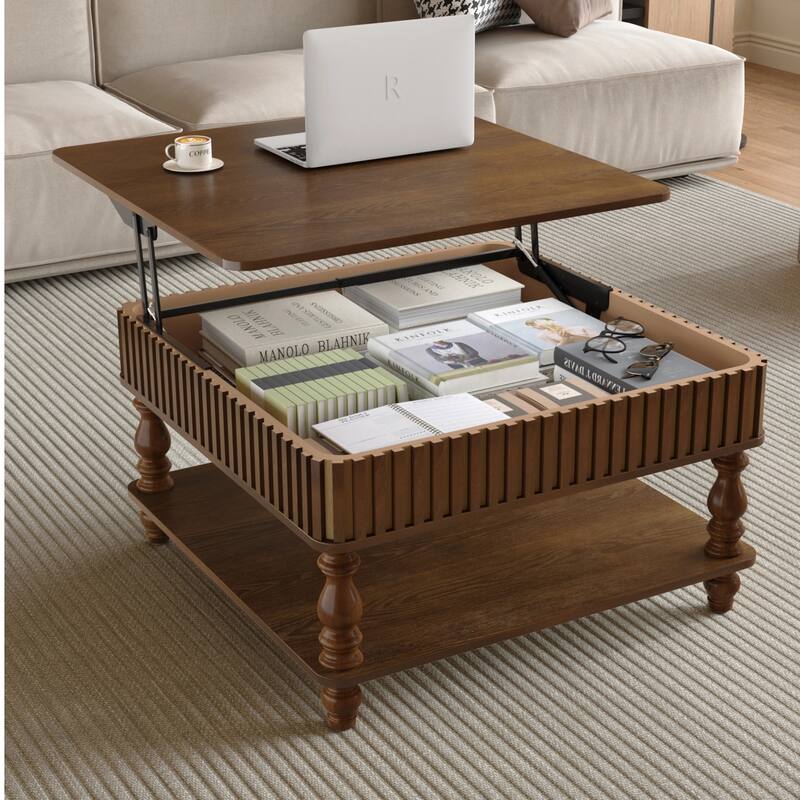 Roomfitters 31.5" Square Lift Top Coffee Table, Fluted Storage Center Table with Hydraulic Mechanism and Solid Wood Legs