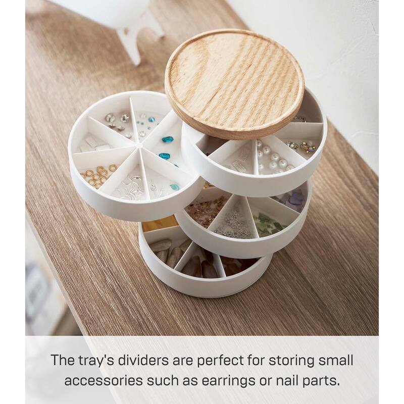 Yamazaki Home Stacked Jewelry Organizer - Two Sizes, Plastic and Wood, Sectioned, Lid - White