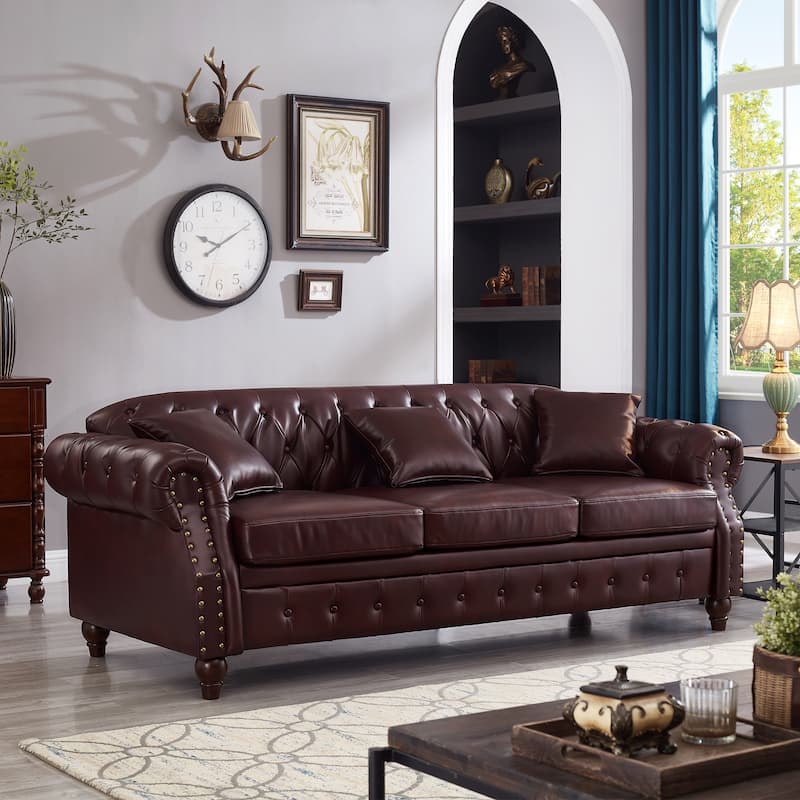Chesterfield Sofa Classic Tufted Technical Leather Lounge Couch with Hidden Storage, Nailhead Trim and Pillows, for Living Room