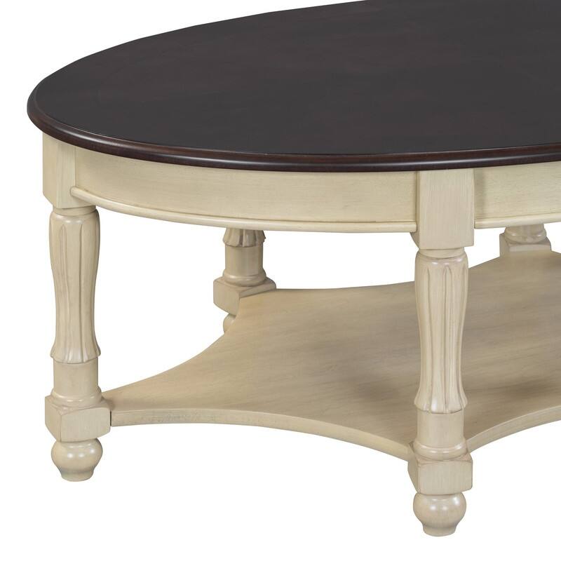 Vintage 45" Oval Coffee Table with Drawer and Storage Shelf, Elegant French Country Living Room Accent Table