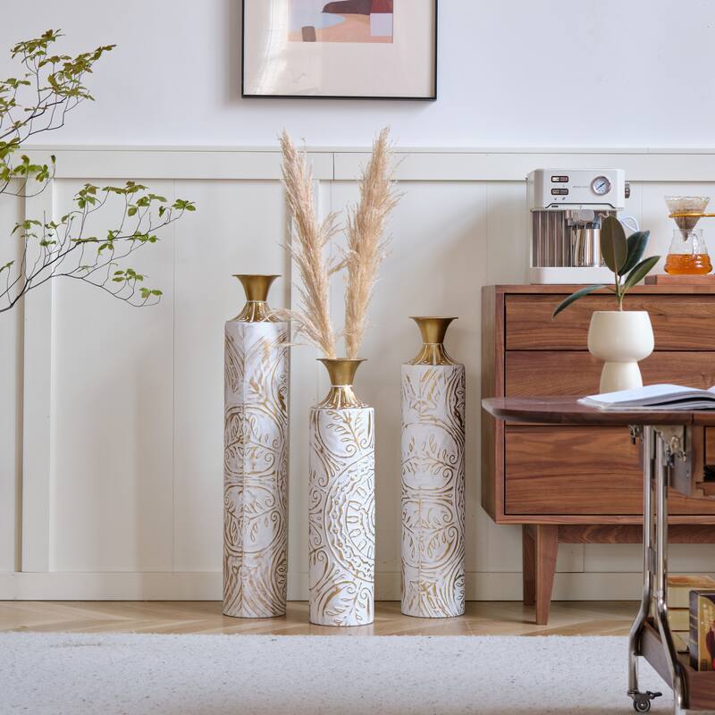 Set of 3 Metal Decorative White Glazed Vase with 3D for Home Office - 32.48in+28.54in+24.61in