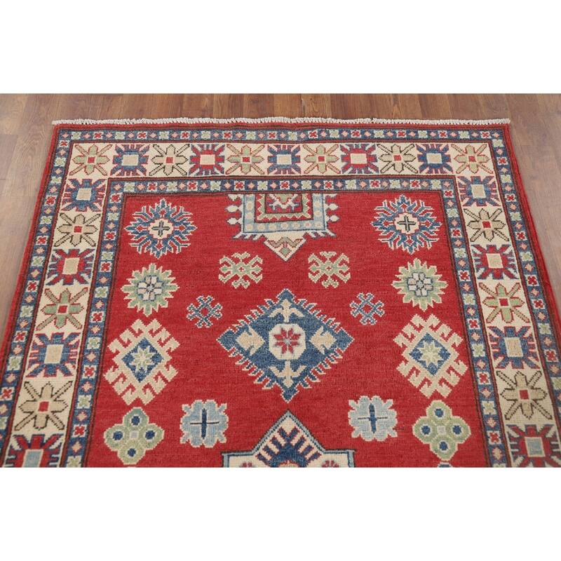 Red Geometric Kazak Oriental Accent Rug Hand-Knotted Wool Carpet - 3'11" x 6'3"