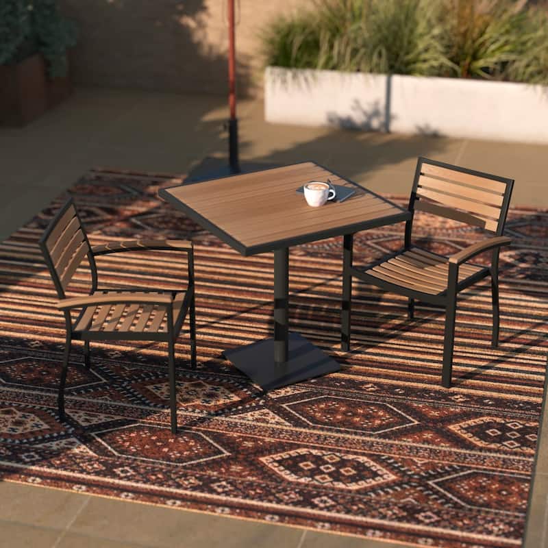 2 Faux Teak Accented Club Chairs and 30" Square Faux Teak Patio Table Set