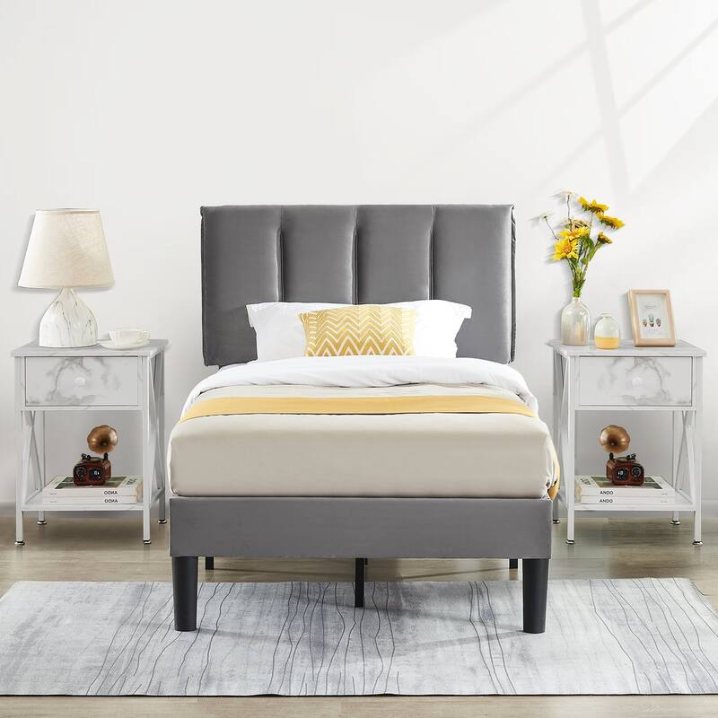VECELO 3-Pieces Bedroom Sets Upholstered Bed Frame and Nightstands Set of 2 Dark Grey Platform Bed Frame - White - Twin