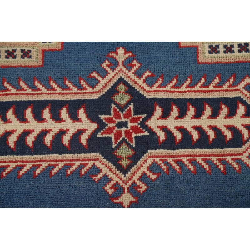 Blue Geometric Kazak Oriental Rug Handmade Traditional Wool Carpet - 6'8" x 10'1"